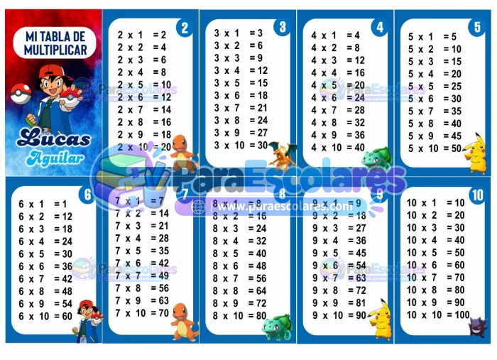 Pokemon Tabla de Multiplicar